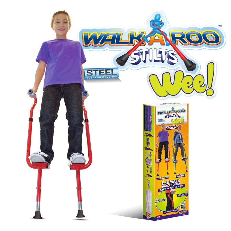 Geospace Original Walkaroo Steel 'Wee' Balance Stilts with Adjustable Height for Little Kids & Beginners (Ages 4+ and up to 120 lbs) For Active Play & Excercise; comes in Assorted Colors (Red or Blue) - Image 2